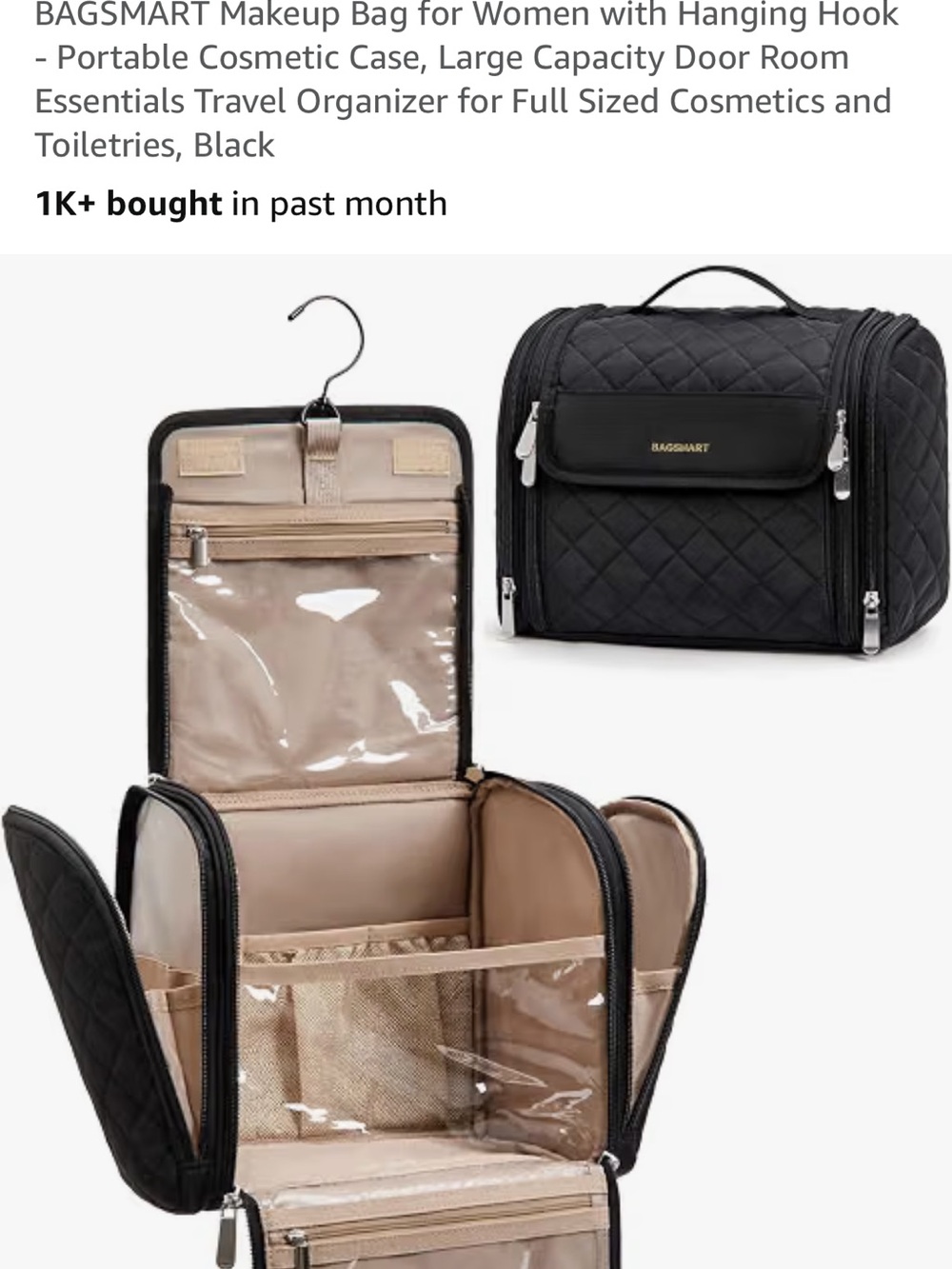Black Quilted Travel Makeup Bag with Hanging Hook